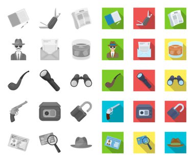 Dedektif ve Öznitelikler ikon koleksiyonunda tek, düz simgeler tasarım için. Dedektif Ajansı vektör sembolü stok web illüstrasyon.