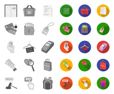 E-ticaret, satın alma ve satış mono, tasarım için set koleksiyonunda düz simgeler. Ticaret ve finans vektör sembolü stok web illüstrasyon.