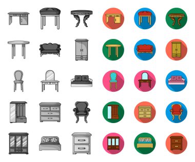 Mobilya ve iç mono, tasarım için set koleksiyonunda düz simgeler. Ev mobilyaları vektör sembolü stok web illüstrasyon.