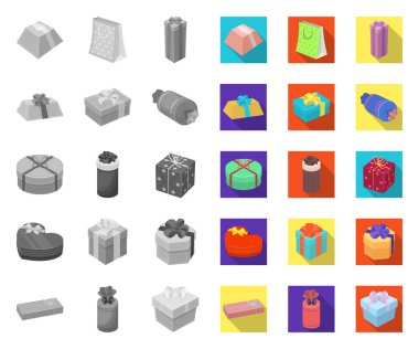 Tasarım için set koleksiyonunda hediye ve ambalaj mono, düz simgeler. Renkli ambalaj vektör sembolü stok web illüstrasyon.