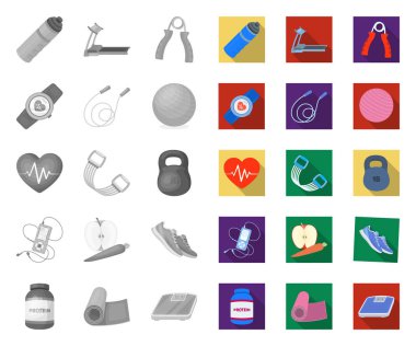 Spor salonu ve eğitim mono, tasarım için set koleksiyonudüz simgeler. Spor salonu ve ekipman vektör sembolü stok web illüstrasyon.