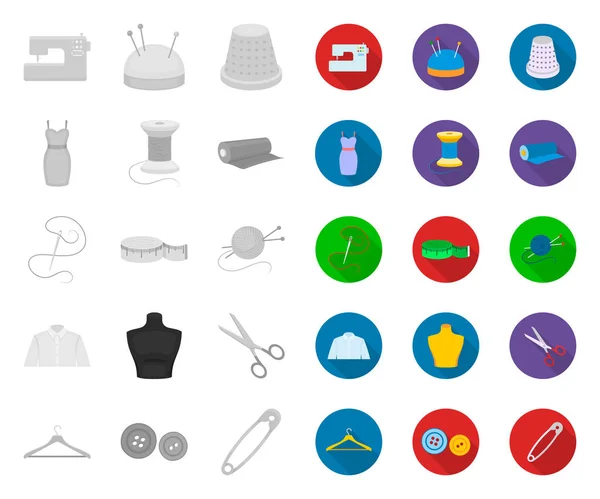 Atelier en naaien mono, platte iconen in set collectie voorontwerp. Uitrusting en gereedschap voor het naaien van vector symbool voorraad Web illustratie. — Stockvector