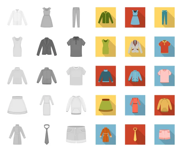 Diferentes tipos de ropa mono, iconos planos en la colección de conjuntos para el diseño. Ropa y estilo vector símbolo stock web ilustración . — Vector de stock