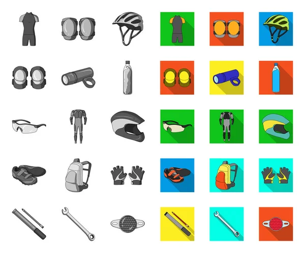 Traje de bicicleta mono, iconos planos en la colección de conjuntos para el diseño. Bicicleta y herramienta vector símbolo stock web ilustración . — Vector de stock