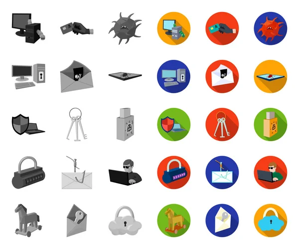 Hacker ve hack mono, tasarım için set koleksiyonudüz simgeler. Hacker ve ekipman vektör sembolü stok web illüstrasyon.