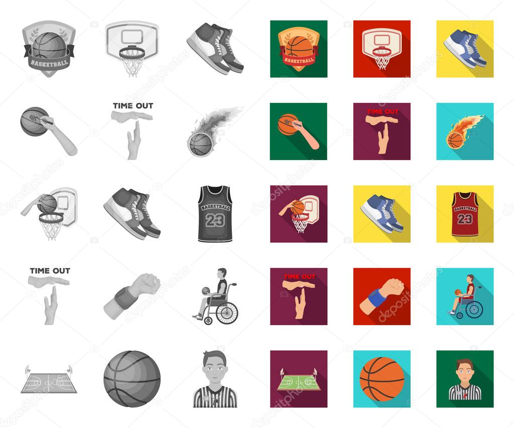 Basketball and attributes mono,flat icons in set collection for design.Basketball player and equipment vector symbol stock  illustration.