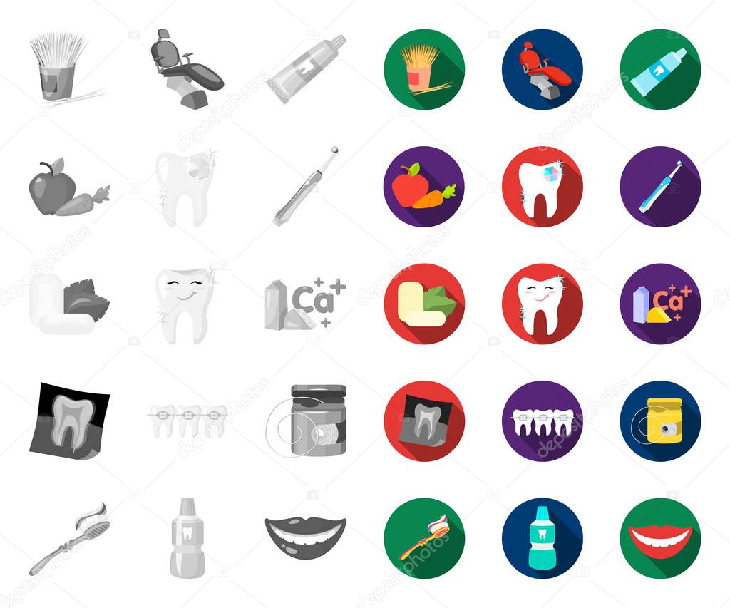 Dental care mono,flat icons in set collection for design. Care of teeth vector symbol stock  illustration.