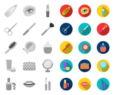 Makyaj ve kozmetik mono, tasarım için set koleksiyonunda düz simgeler. Makyaj ve ekipman vektör sembolü stok web illüstrasyon.