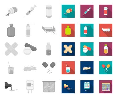 Tıp ve tedavi mono, tasarım için set koleksiyonunda düz simgeler. Tıp ve ekipman vektör sembolü stok web illüstrasyon.