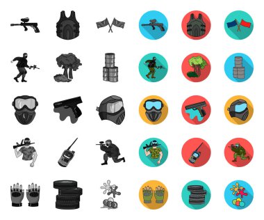 Paintball, takım oyunu mono, tasarım için set koleksiyonunda düz simgeler. Ekipman ve kıyafet vektör sembolü stok web illüstrasyon.