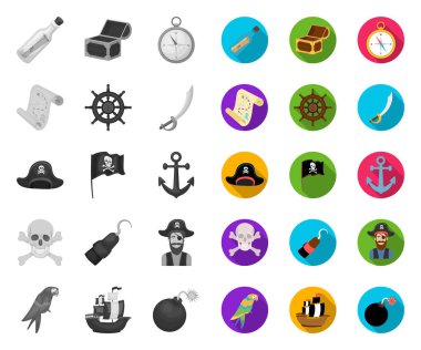 Korsan, deniz soyguncusu mono, tasarım için set koleksiyonunda düz simgeler. Hazineler, öznitelikler vektör sembolü stok web illüstrasyon.