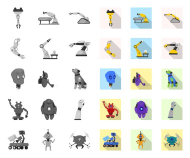 Robot ve fabrika simge vektör Illustration. Web için robot ve uzay hisse senedi simgesi kümesi.