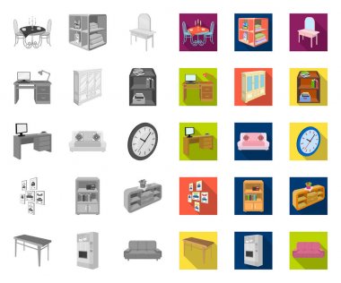 Mobilya ve iç mono, tasarım için set koleksiyonunda düz simgeler. Ev mobilyaları vektör izometrik sembol stok web illüstrasyon.