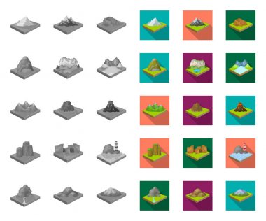Dağlar, tasarım için set koleksiyonunda büyük mono, düz simgeler. Toprak vektör izometrik sembol stok web illüstrasyon yüzeyi.