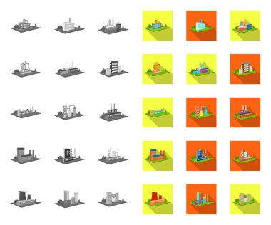 Fabrika ve bitki mono, tasarım için set koleksiyonunda düz simgeler. Üretim ve kurumsal vektör izometrik sembol stok web illüstrasyon.