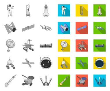 Uzay teknolojisi mono, tasarım için set koleksiyonunda düz simgeler. Uzay aracı ve ekipman vektör sembolü stok web illüstrasyon.