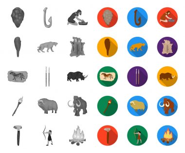 Taş Devri mono Yaşam, tasarım için set koleksiyonunda düz simgeler. Antik insanlar vektör sembolü stok web illüstrasyon.