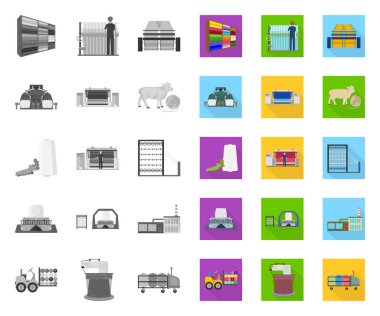 Tekstil endüstrisi mono, tasarım için set koleksiyonunda düz simgeler. Tekstil ekipmanları ve kumaşlar vektör sembolü stok web illüstrasyon.