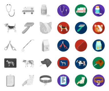 Veteriner kliniği mono, tasarım için set koleksiyonunda düz simgeler. Bir evcil hayvan vektör sembolü stok web illüstrasyon tedavisi.