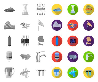 Su filtrasyon sistemi mono, tasarım için set koleksiyonunda düz simgeler. Temizlik ekipmanları vektör sembolü stok web illüstrasyon.