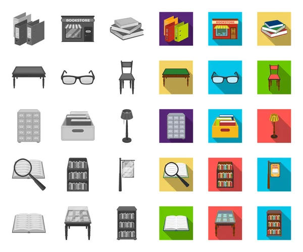 Biblioteca y librería mono, iconos planos en colección de conjuntos para el diseño. Libros y mobiliario vector símbolo stock web ilustración . — Vector de stock