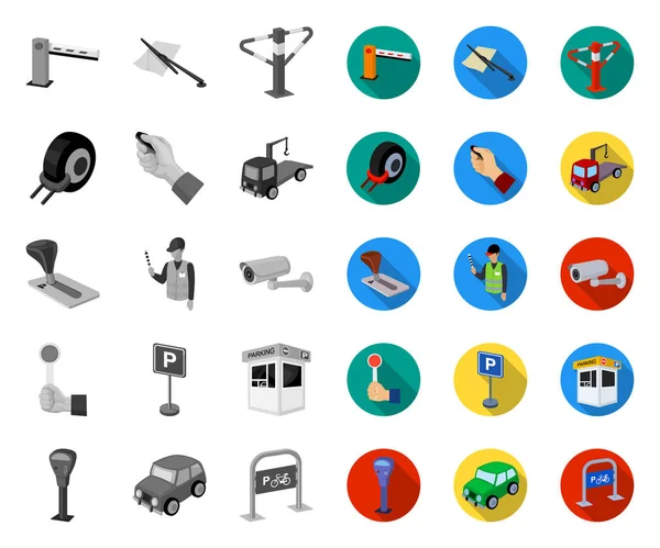 Parking for cars mono, flat icons in set collection for design. Иллюстрация вектора оборудования и услуг . — стоковый вектор