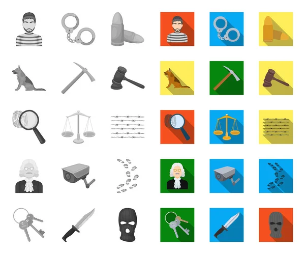 Gevangenis en de criminele mono, platte iconen in set collectie voorontwerp. Gevangenis en attributen vector symbool voorraad Web illustratie. — Stockvector
