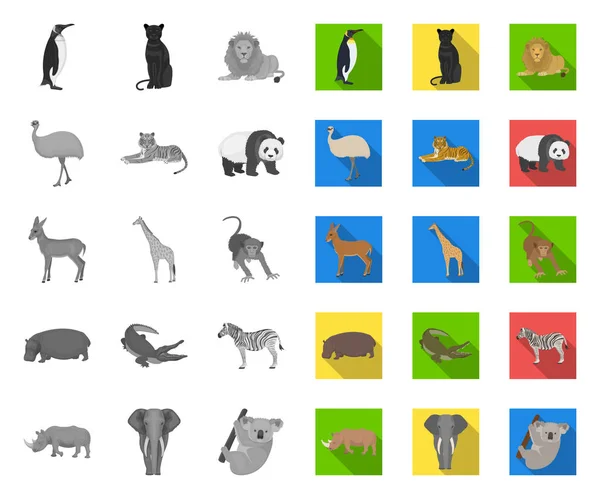 Diferentes animales mono, iconos planos en la colección de conjuntos para el diseño. Pájaro, depredador y herbívoro vector símbolo stock web ilustración . — Vector de stock