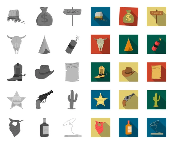 Attributes of the wild west mono, flat icons in set collection for design.Texas and America vector symbol stock web illustration . — стоковый вектор