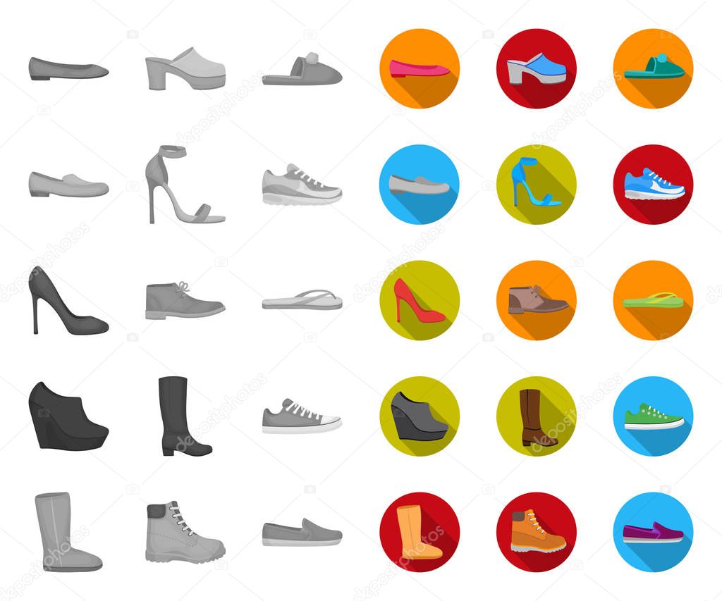 A variety of shoes mono,flat icons in set collection for design. Boot, sneakers vector symbol stock  illustration.