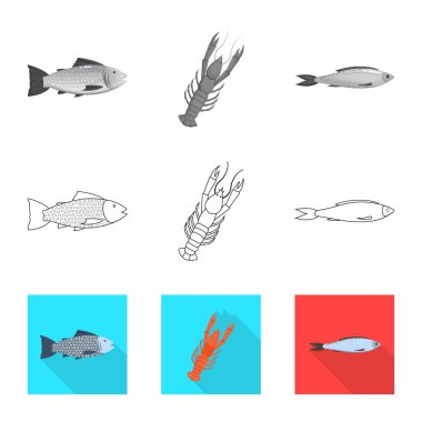 Taze ve restoran simge vektör Illustration. Hisse senedi için taze ve deniz vektör simge kümesi.