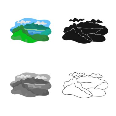 Dağ ve göl logosu vektör tasarımı. Stok için dağ ve orman vektör simgesi kümesi.