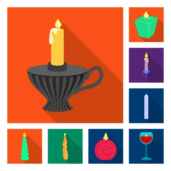 Vektorová design ikony svíček a zdobení. Sada svíček a ohně vektorové ilustrace. — Stockový vektor