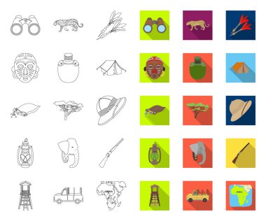 Afrika Safari anahat, tasarım için set koleksiyonunda düz simgeler. Safari vektör sembolü stok web illüstrasyon için kupa ve ekipman.