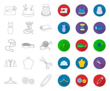 Atölye ve dikiş anahat, tasarım için set koleksiyonunda düz simgeler. Vektör sembolü stok web illüstrasyon dikiş için ekipman ve araçlar.