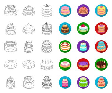 Pasta ve tatlı anahat, tasarım için set koleksiyonunda düz simgeler. Tatil kek vektör sembolü stok web illüstrasyon.