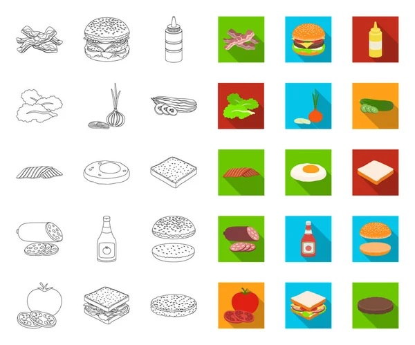 Burger dan bahan-bahan menguraikan, ikon datar dalam koleksi set untuk desain. Burger memasak vektor simbol saham web ilustrasi . - Stok Vektor