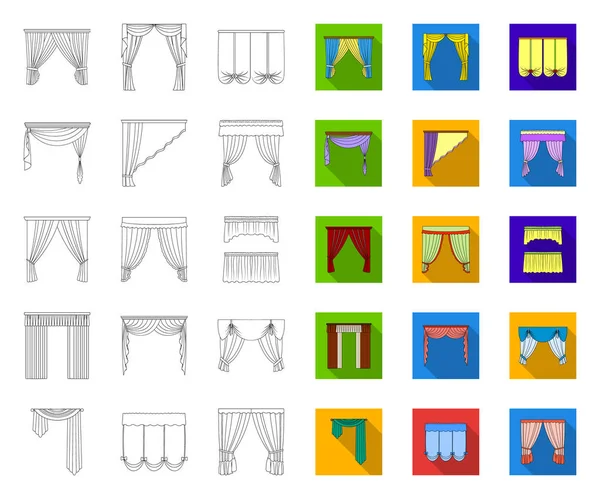 Diferentes tipos de líneas de cortinas, iconos planos en la colección de conjuntos para el diseño. Cortinas y lambrequines vector símbolo stock web ilustración . — Vector de stock