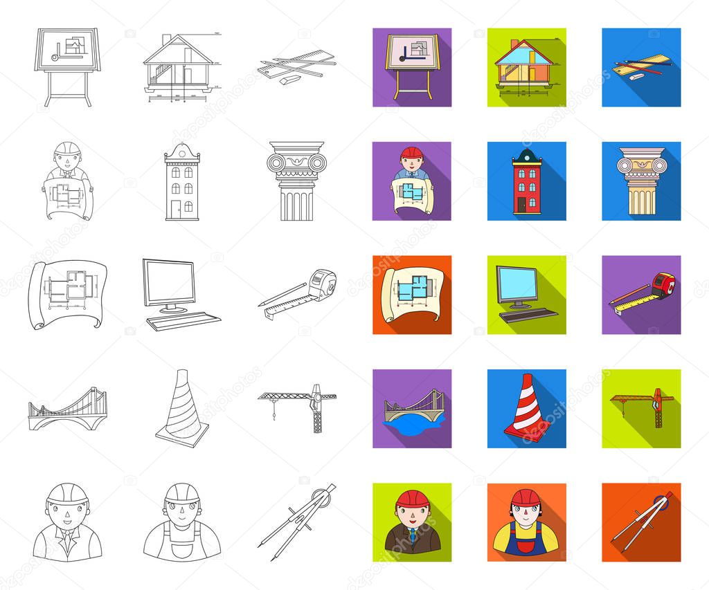 Architecture and construction outline,flat icons in set collection for design. Architect and equipment vector symbol stock web illustration.