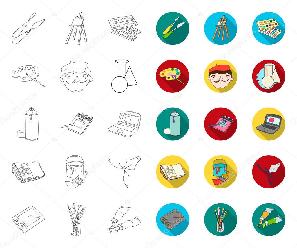 Painter and drawing outline,flat icons in set collection for design. Artistic accessories vector symbol stock  illustration.