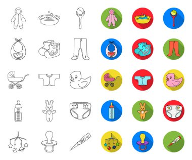 Bir bebek anahat doğum, tasarım için set koleksiyonunda düz simgeler. Yenidoğan ve aksesuarları vektör sembolü stok web illüstrasyon.