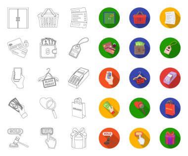 E-ticaret, Satın alma ve satış anahat, tasarım için set koleksiyonunda düz simgeler. Ticaret ve finans vektör sembolü stok web illüstrasyon.