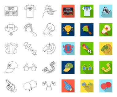 Fan ve Öznitelikler anahat, tasarım için set koleksiyonunda düz simgeler. Spor Fan vektör sembolü stok web illüstrasyon.