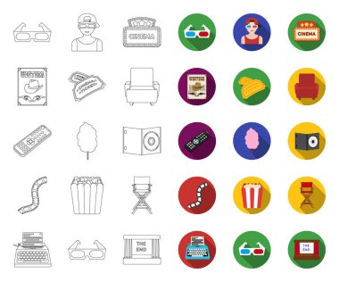 Filmler ve sinema anahat, tasarım için set koleksiyonunda düz simgeler. Filmler ve Öznitelikler vektör sembolü stok web illüstrasyon.