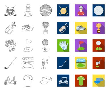Golf ve öznitelikleri anahat, tasarım için set koleksiyonunda düz simgeler. Golf Kulübü ve ekipman vektör sembolü stok web illüstrasyon.