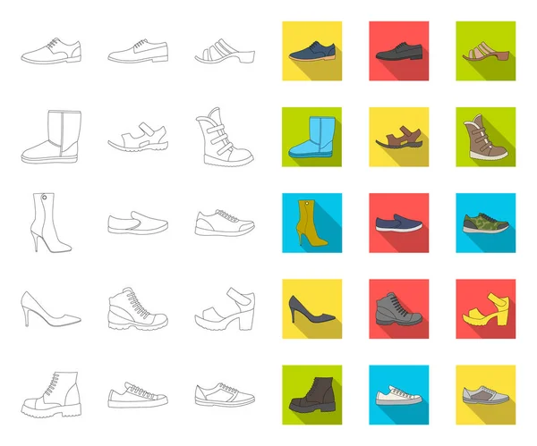 Διαφορετικά παπούτσια περίγραμμα, επίπεδη εικονίδια στη συλλογή Set για το σχεδιασμό. Ανδρική και γυναικεία παπούτσια διανυσματικό σύμβολο Web εικόνα. — Διανυσματικό Αρχείο