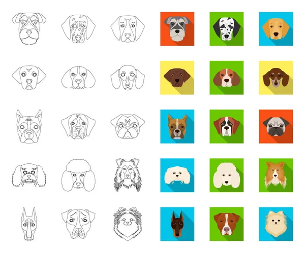 Dog breeds outline,flat icons in set collection for design.Muzzle of a dog vector symbol stock web illustration. — Stock Vector