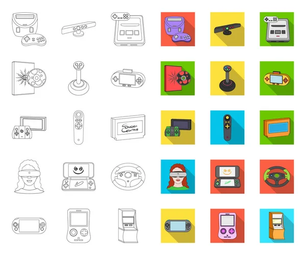 Consola de juegos y contorno de realidad virtual, iconos planos en la colección de conjuntos para el diseño.Game Gadgets vector símbolo stock web illustration . — Vector de stock