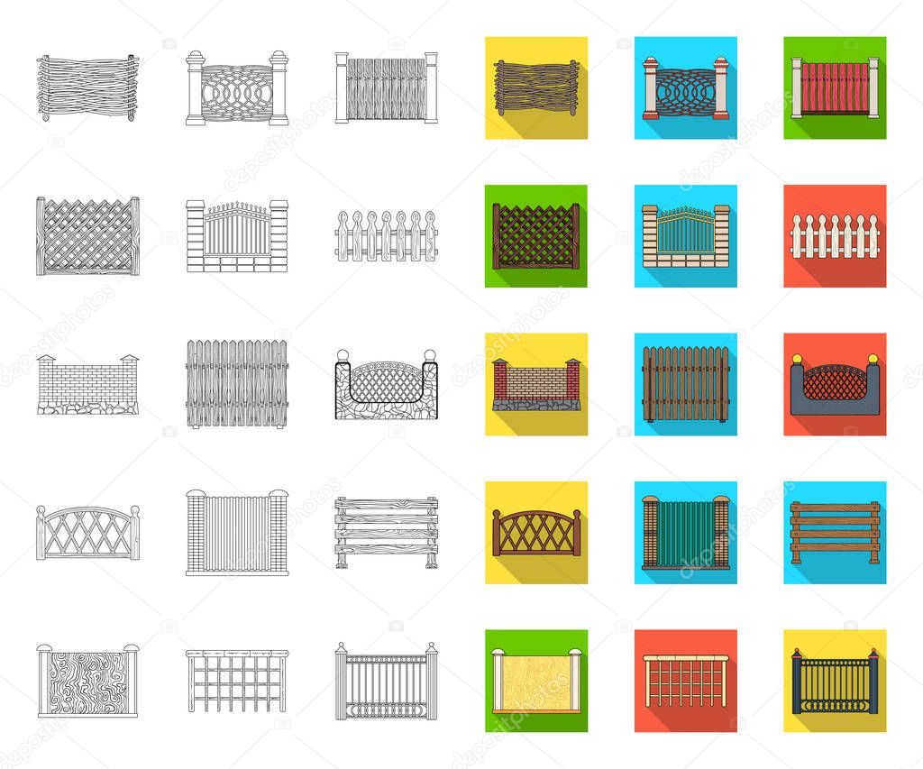 Different fence outline,flat icons in set collection for design.Decorative fencing vector symbol stock  illustration.