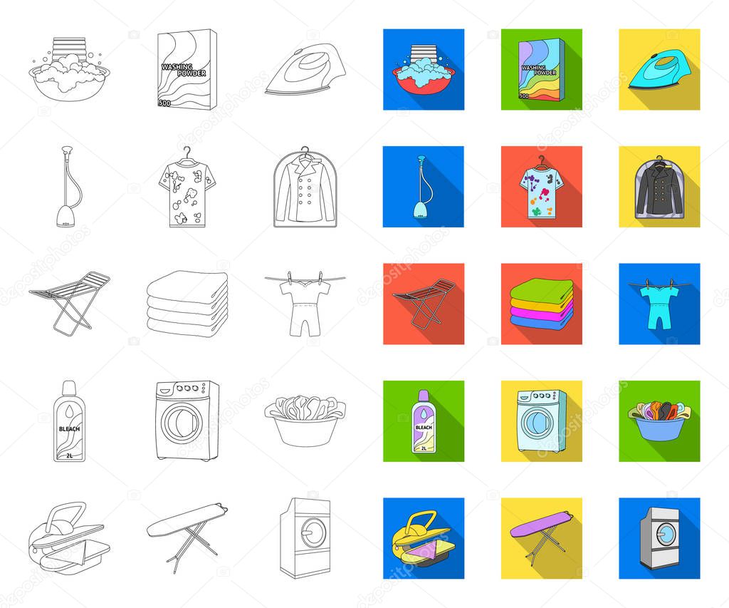 Dry cleaning equipment outline,flat icons in set collection for design. Washing and ironing clothes vector symbol stock  illustration.